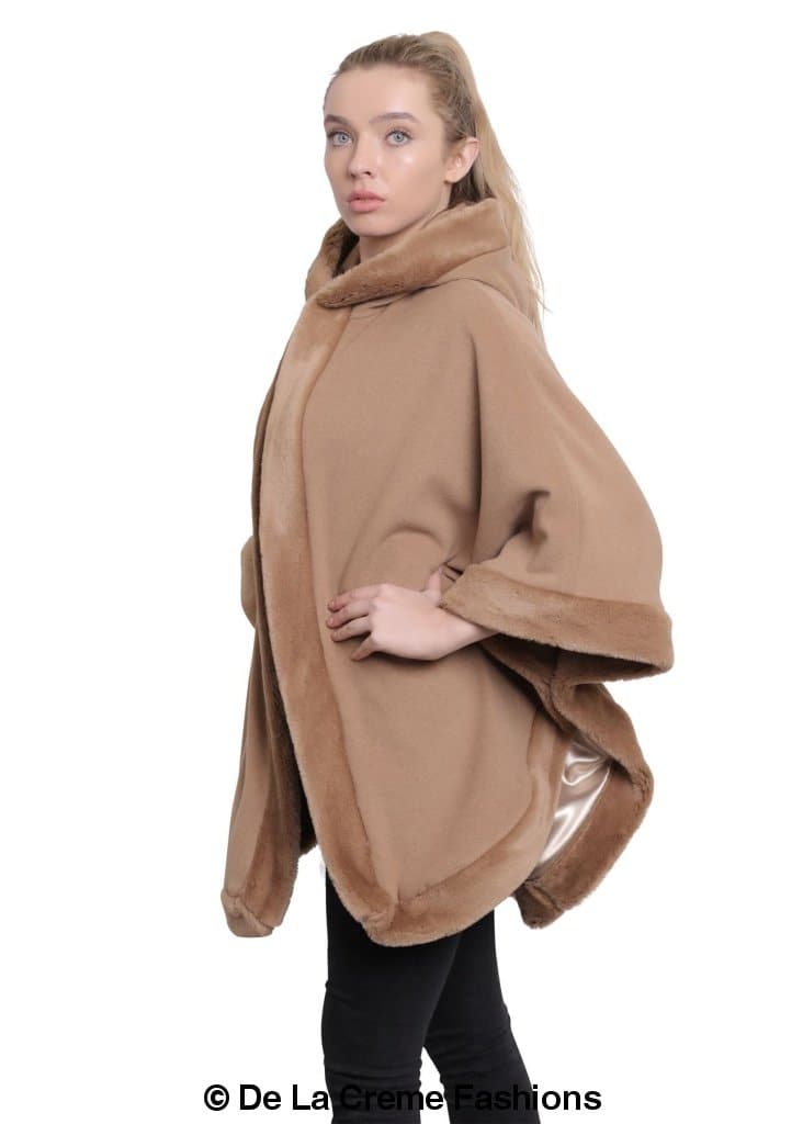 De La Creme Women's Wool & Cashmere Blend Fur Lined Hooded Cape in black, showcasing its luxurious fabric and stylish design.