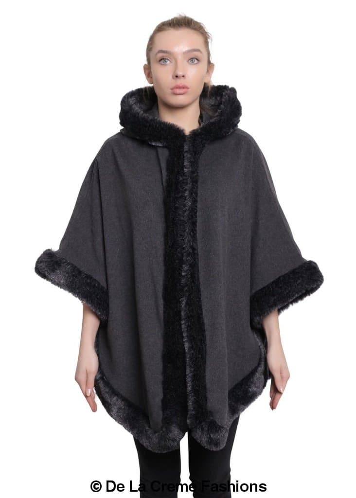 De La Creme Women's Wool & Cashmere Blend Fur Lined Hooded Cape in black, showcasing its luxurious fabric and stylish design.