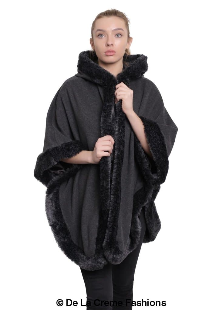 De La Creme Women's Wool & Cashmere Blend Fur Lined Hooded Cape in black, showcasing its luxurious fabric and stylish design.