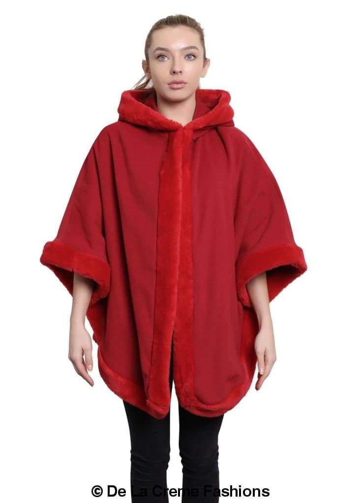 De La Creme Women's Wool & Cashmere Blend Fur Lined Hooded Cape in black, showcasing its luxurious fabric and stylish design.