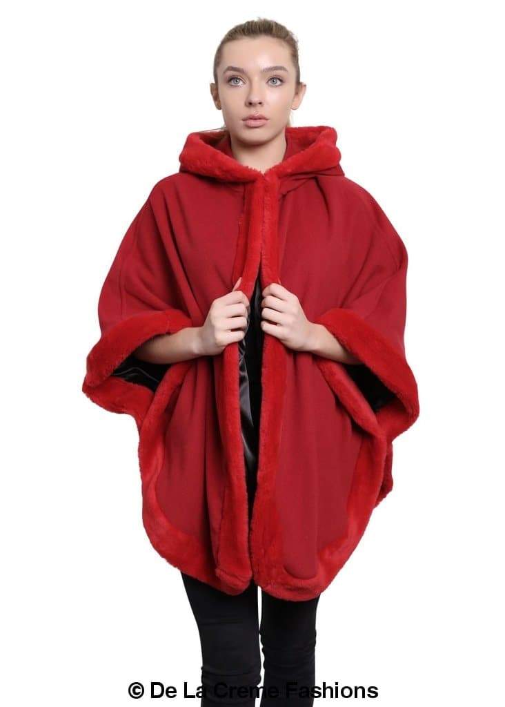 De La Creme Women's Wool & Cashmere Blend Fur Lined Hooded Cape in black, showcasing its luxurious fabric and stylish design.