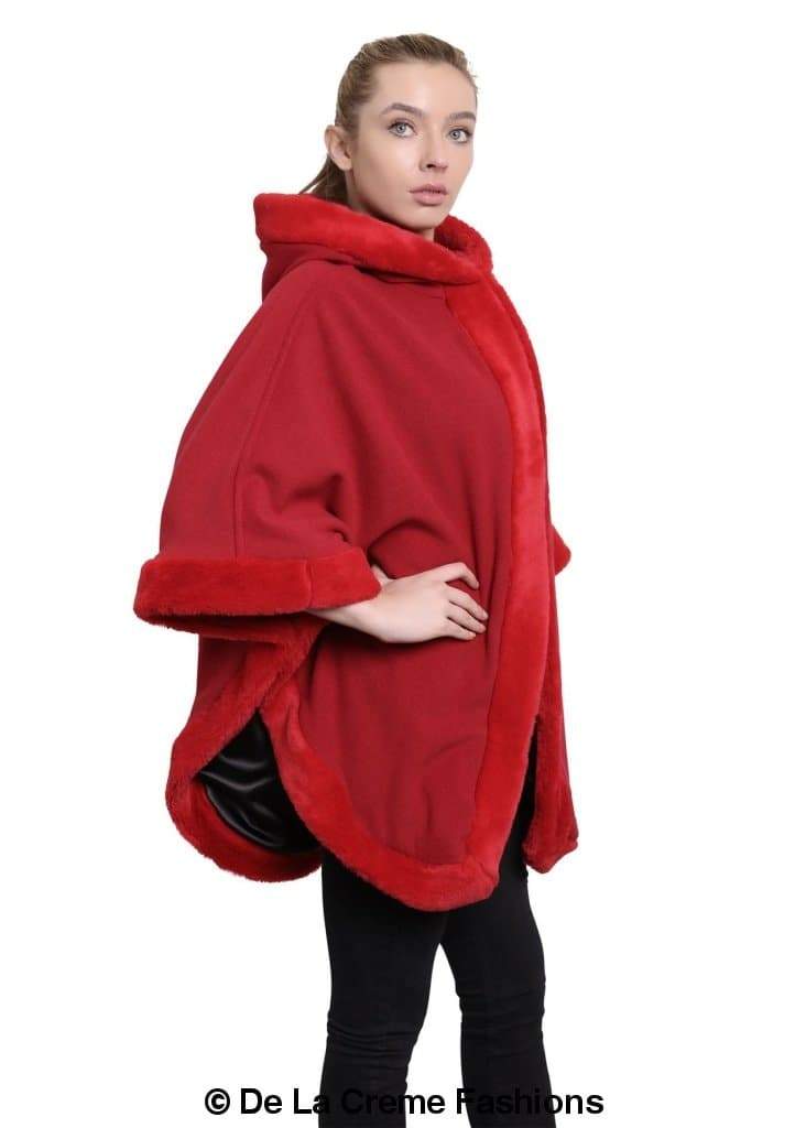 De La Creme Women's Wool & Cashmere Blend Fur Lined Hooded Cape in black, showcasing its luxurious fabric and stylish design.