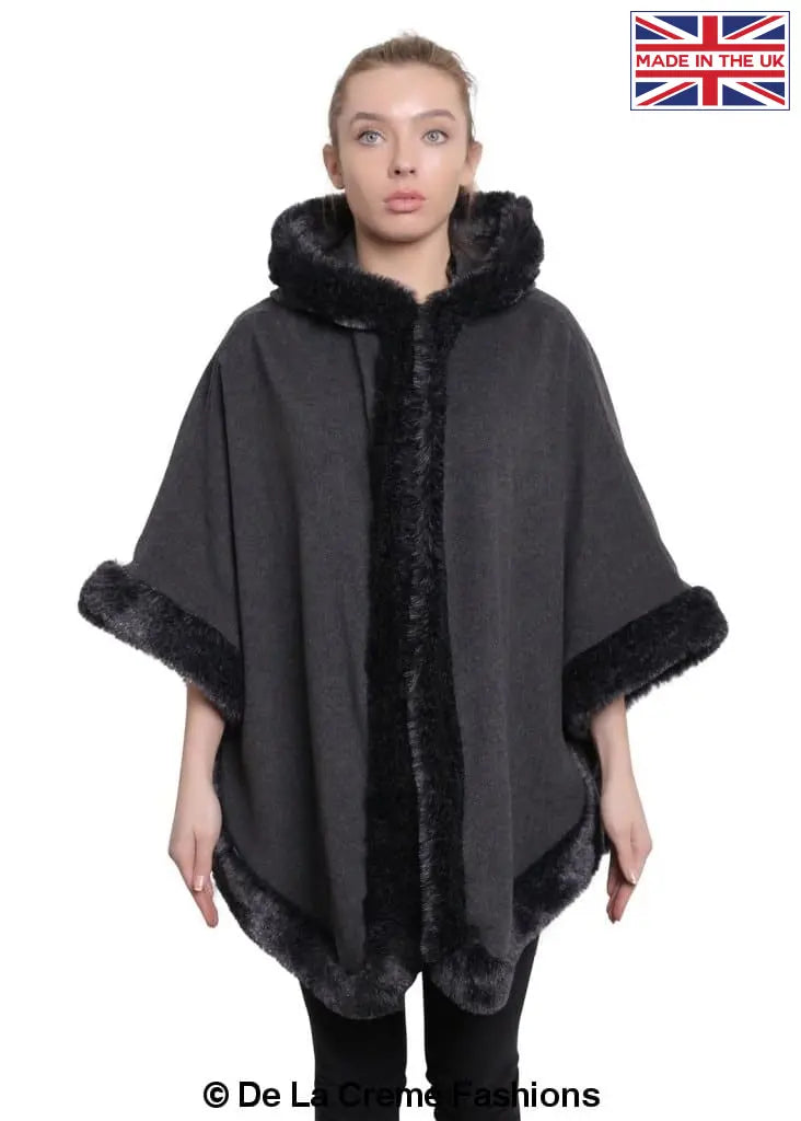 De La Creme Women's Wool & Cashmere Blend Fur Lined Hooded Cape in black, showcasing its luxurious fabric and stylish design.