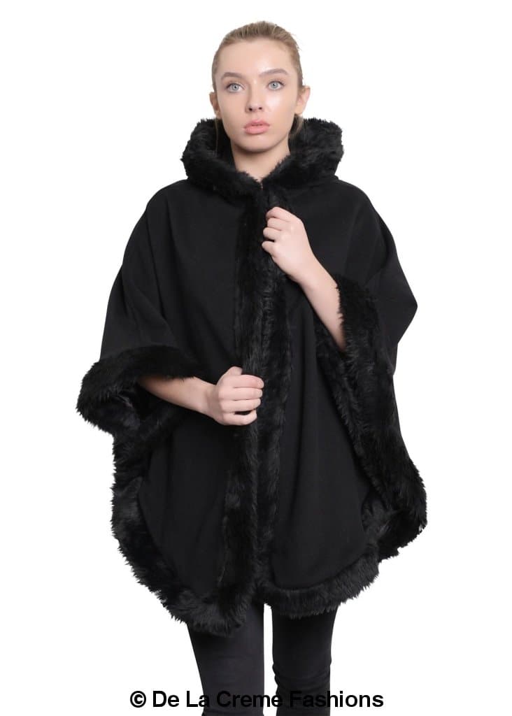 De La Creme Women's Wool & Cashmere Blend Fur Lined Hooded Cape in black, showcasing its luxurious fabric and stylish design.