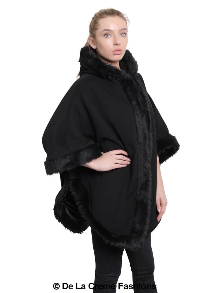 De La Creme Women's Wool & Cashmere Blend Fur Lined Hooded Cape in black, showcasing its luxurious fabric and stylish design.