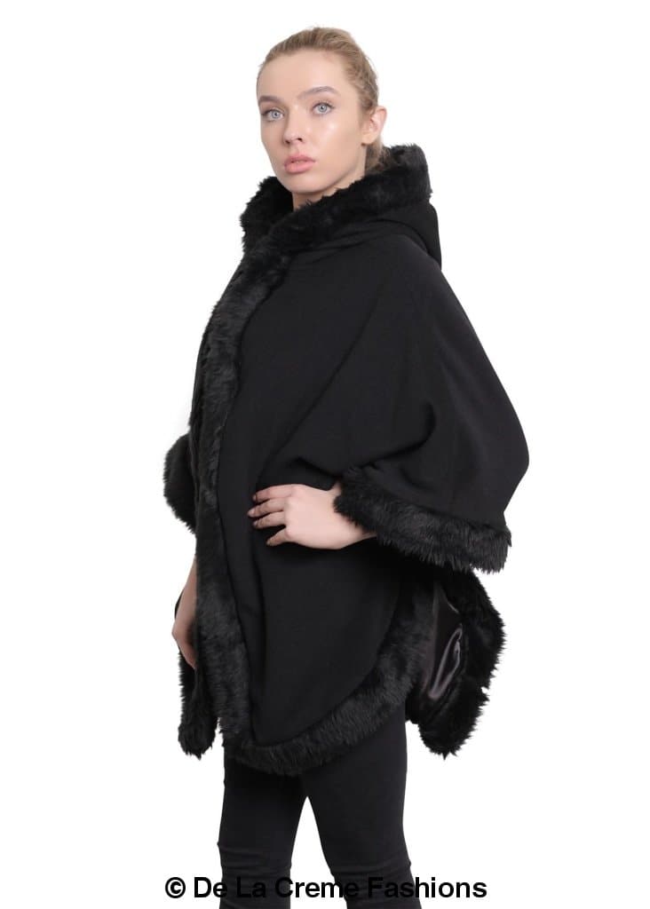 De La Creme Women's Wool & Cashmere Blend Fur Lined Hooded Cape in black, showcasing its luxurious fabric and stylish design.