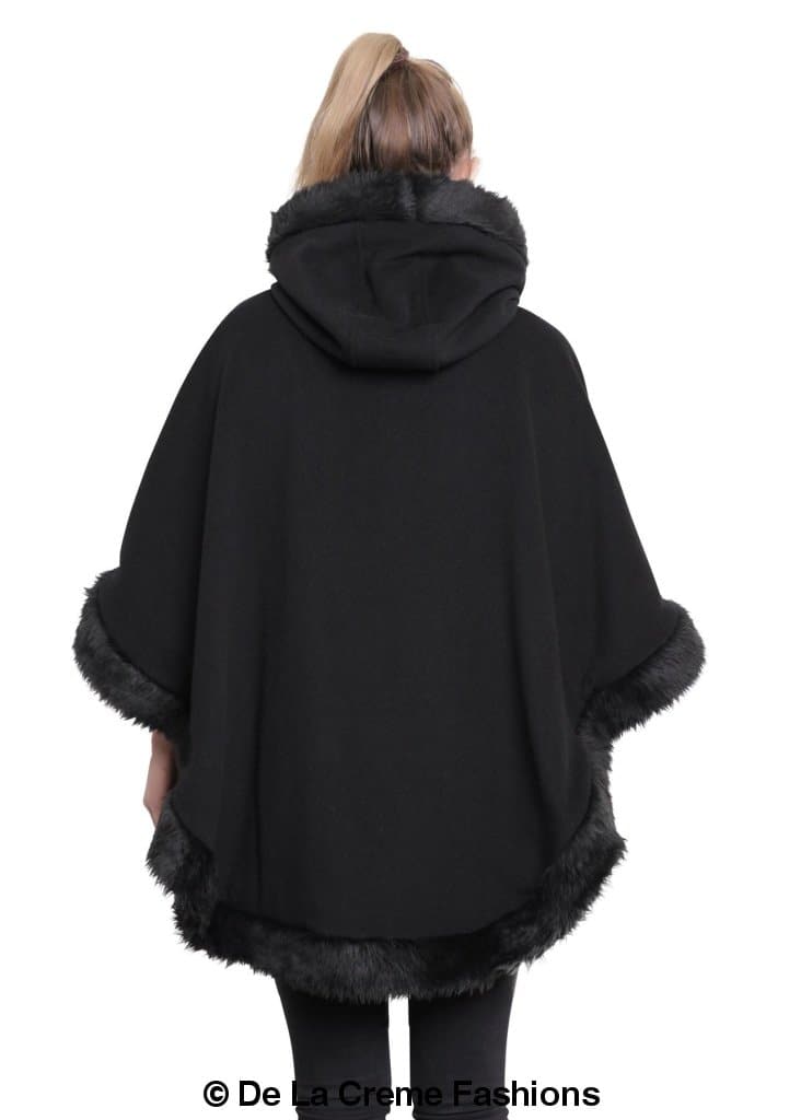 De La Creme Women's Wool & Cashmere Blend Fur Lined Hooded Cape in black, showcasing its luxurious fabric and stylish design.