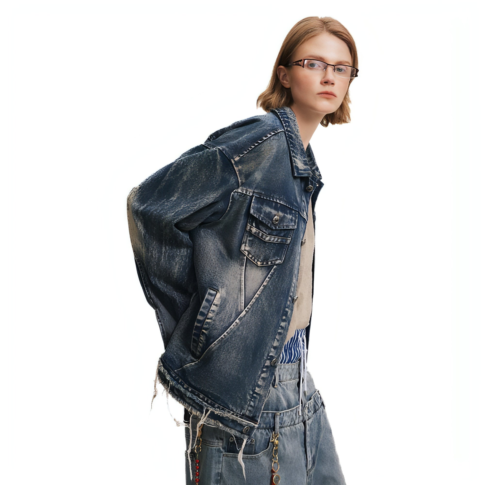 Denim Cargo Pants Jacket for men and women, featuring a rugged washed look and multiple cargo pockets for convenience.