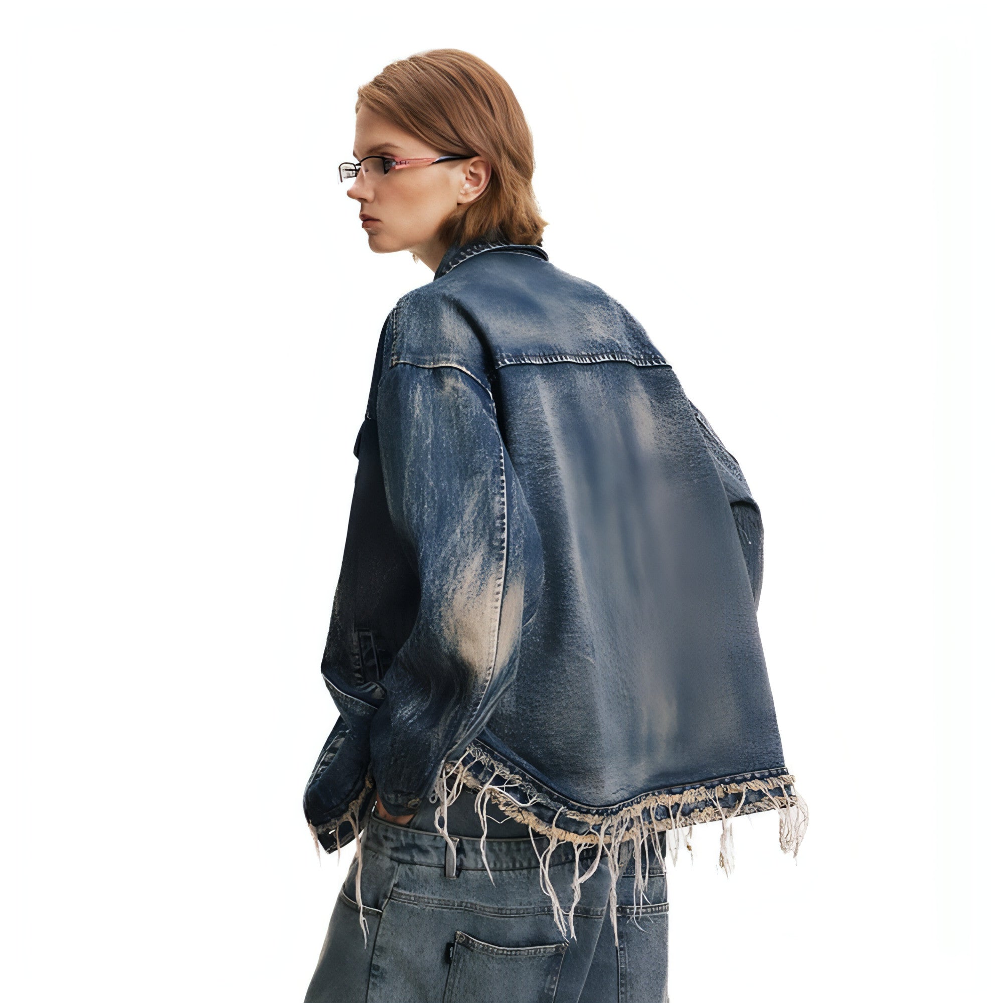 Denim Cargo Pants Jacket for men and women, featuring a rugged washed look and multiple cargo pockets for convenience.