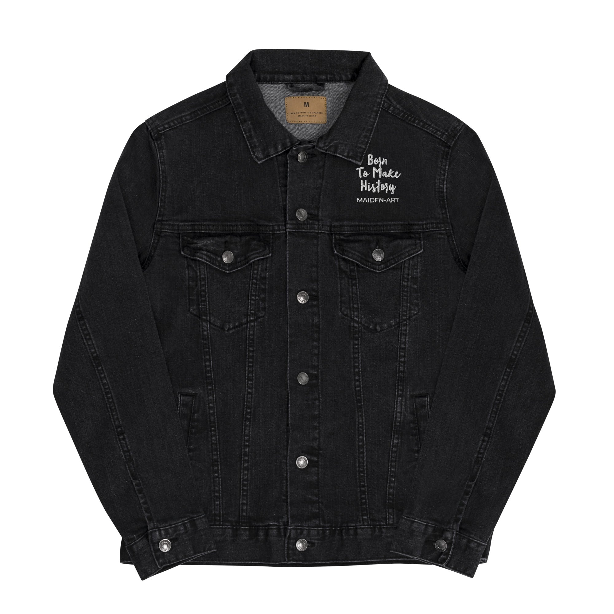 Unisex denim jacket with chest pockets, featuring a stylish design perfect for any occasion.