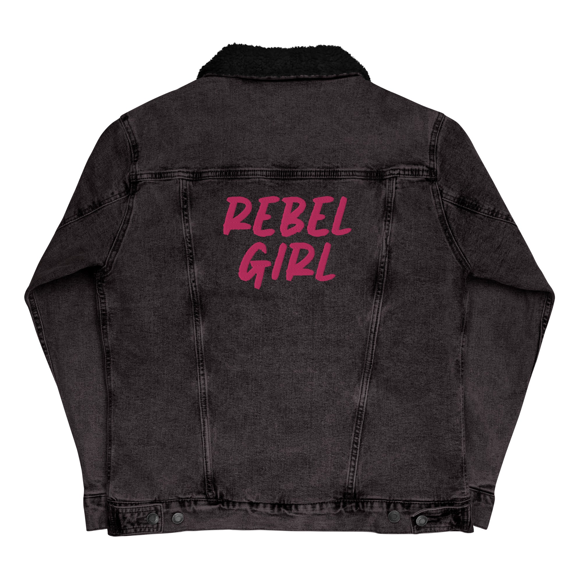 Denim Sherpa Jacket REBEL GIRL featuring a classic design with warm sherpa lining and chest pockets.