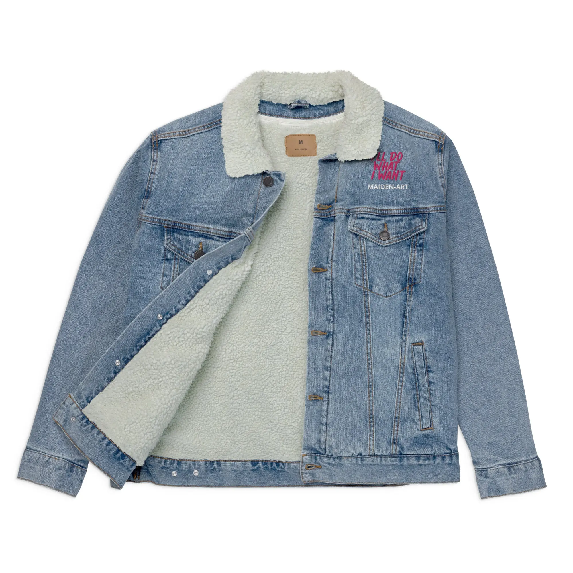 Denim Sherpa Jacket REBEL GIRL featuring a classic design with warm sherpa lining and chest pockets.