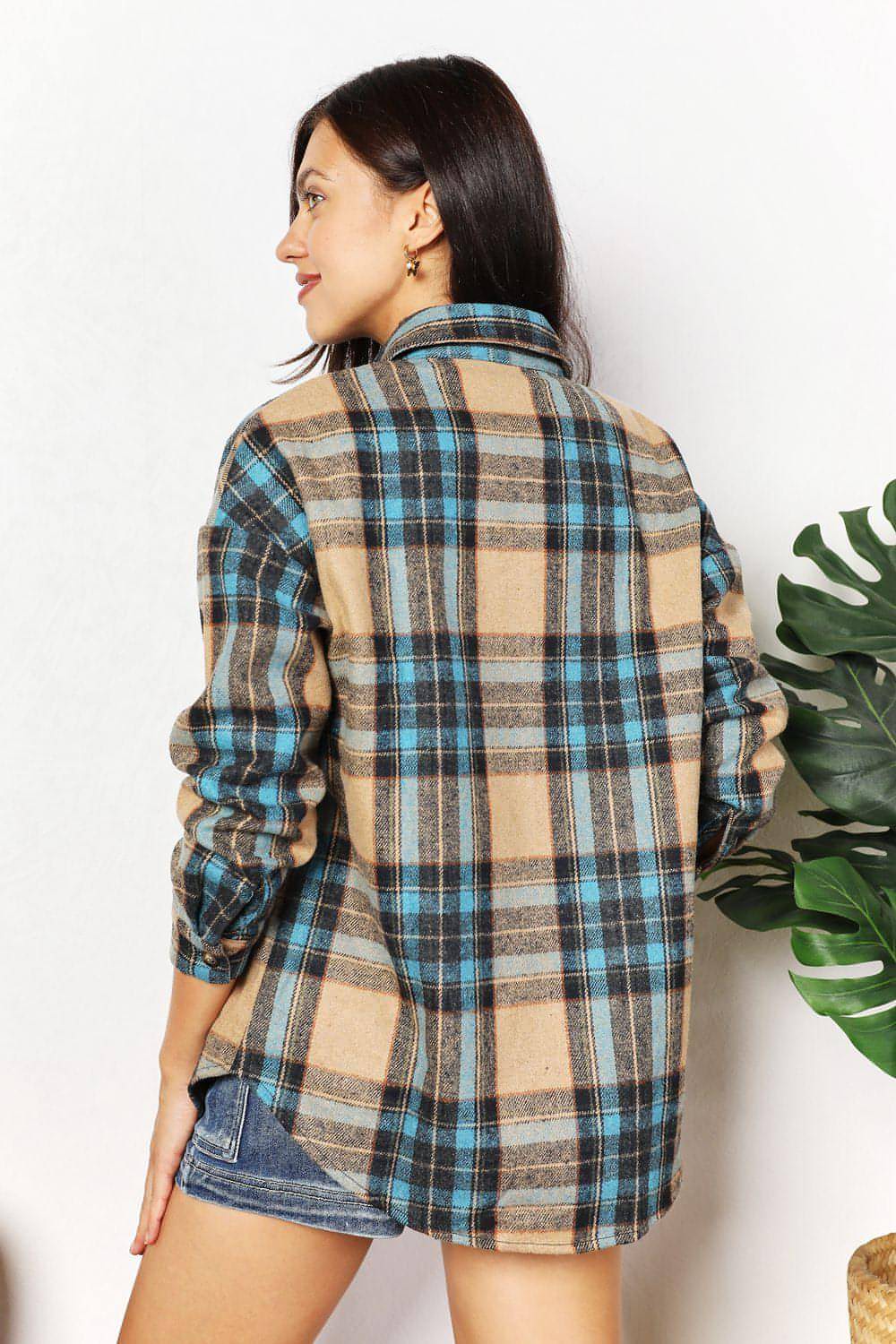 Main Double Take Plaid Curved Hem Shirt Jacket with Breast Pockets image
