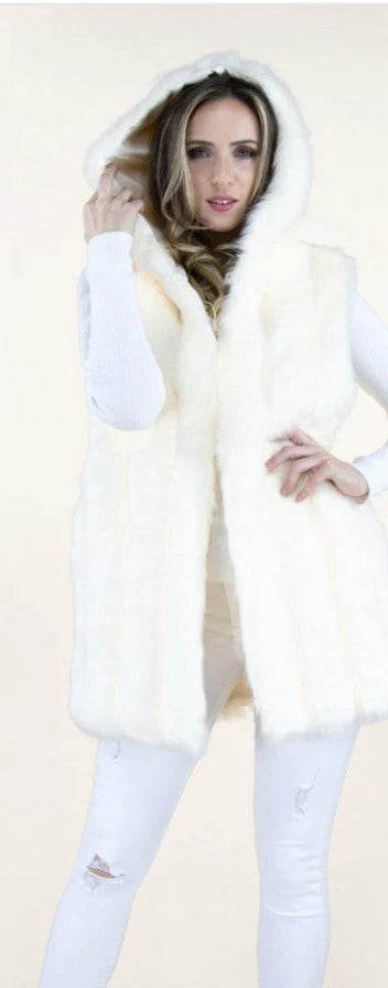 A luxurious white faux fur vest with a hood and pockets, showcasing its soft texture and stylish design.