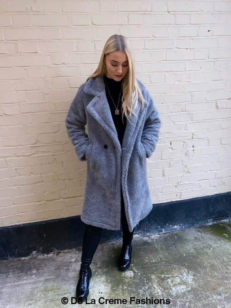 Jackie Double Breasted Borg Teddy Midi Coat in a stylish oversized design with a soft teddy finish, featuring double breasted buttons and side pockets.