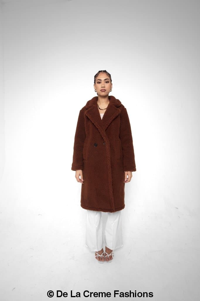 Jackie Double Breasted Borg Teddy Midi Coat in a stylish oversized design with a soft teddy finish, featuring double breasted buttons and side pockets.