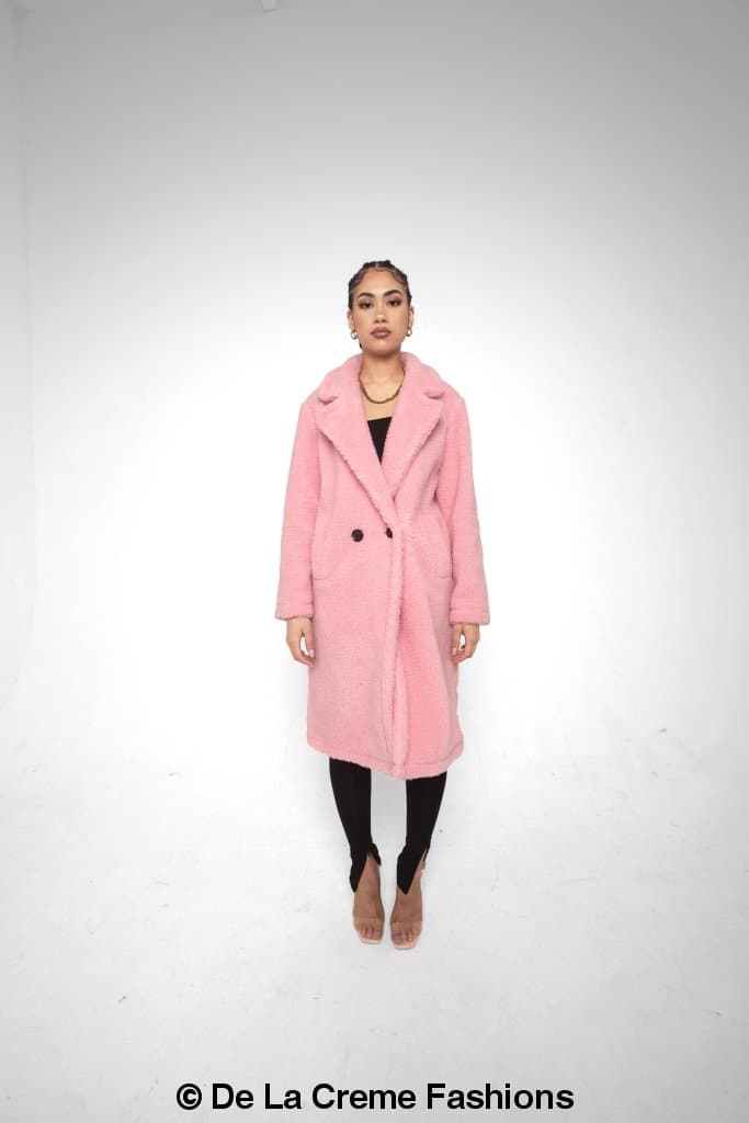 Jackie Double Breasted Borg Teddy Midi Coat in a stylish oversized design with a soft teddy finish, featuring double breasted buttons and side pockets.