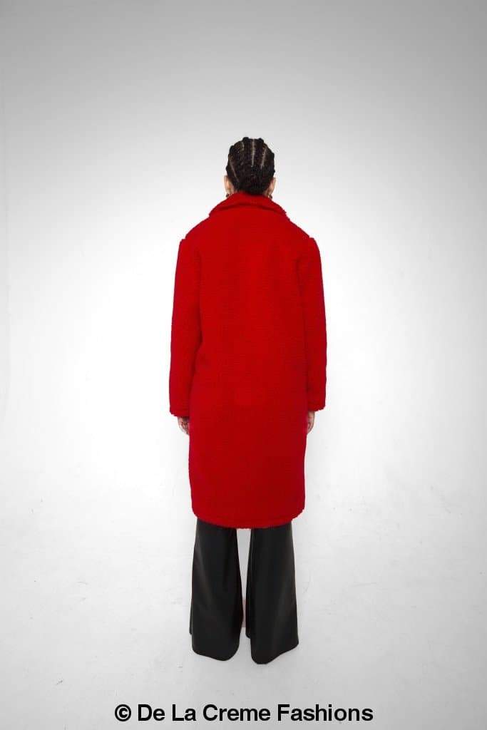 Jackie Double Breasted Borg Teddy Midi Coat in a stylish oversized design with a soft teddy finish, featuring double breasted buttons and side pockets.