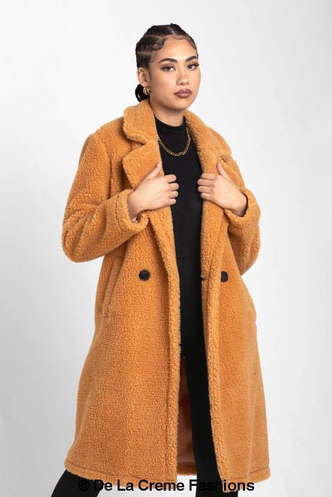 Jackie Double Breasted Borg Teddy Midi Coat in a stylish oversized design with a soft teddy finish, featuring double breasted buttons and side pockets.