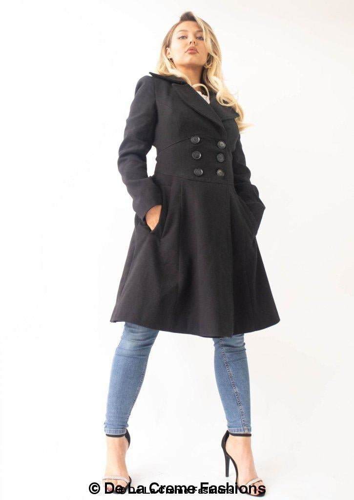 Kirsty Slim Fit A-Line Coat in Black, showcasing double breasted fastening and roll collared V-neckline.