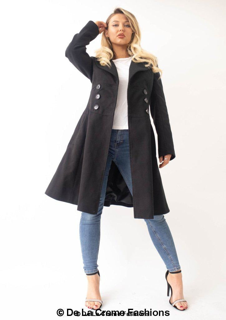 Kirsty Slim Fit A-Line Coat in Black, showcasing double breasted fastening and roll collared V-neckline.