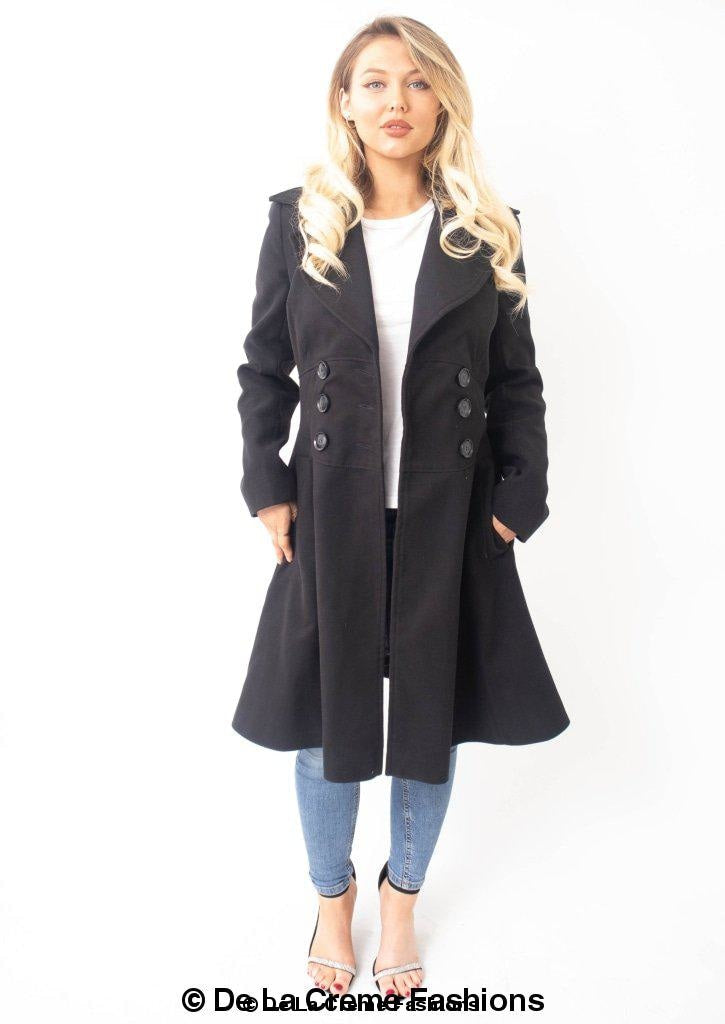 Kirsty Slim Fit A-Line Coat in Black, showcasing double breasted fastening and roll collared V-neckline.