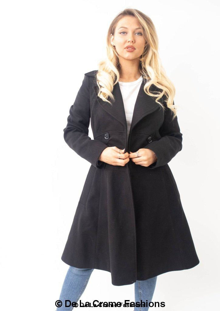 Kirsty Slim Fit A-Line Coat in Black, showcasing double breasted fastening and roll collared V-neckline.