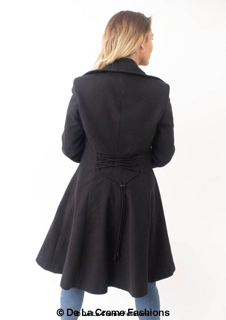 Kirsty Slim Fit A-Line Coat in Black, showcasing double breasted fastening and roll collared V-neckline.