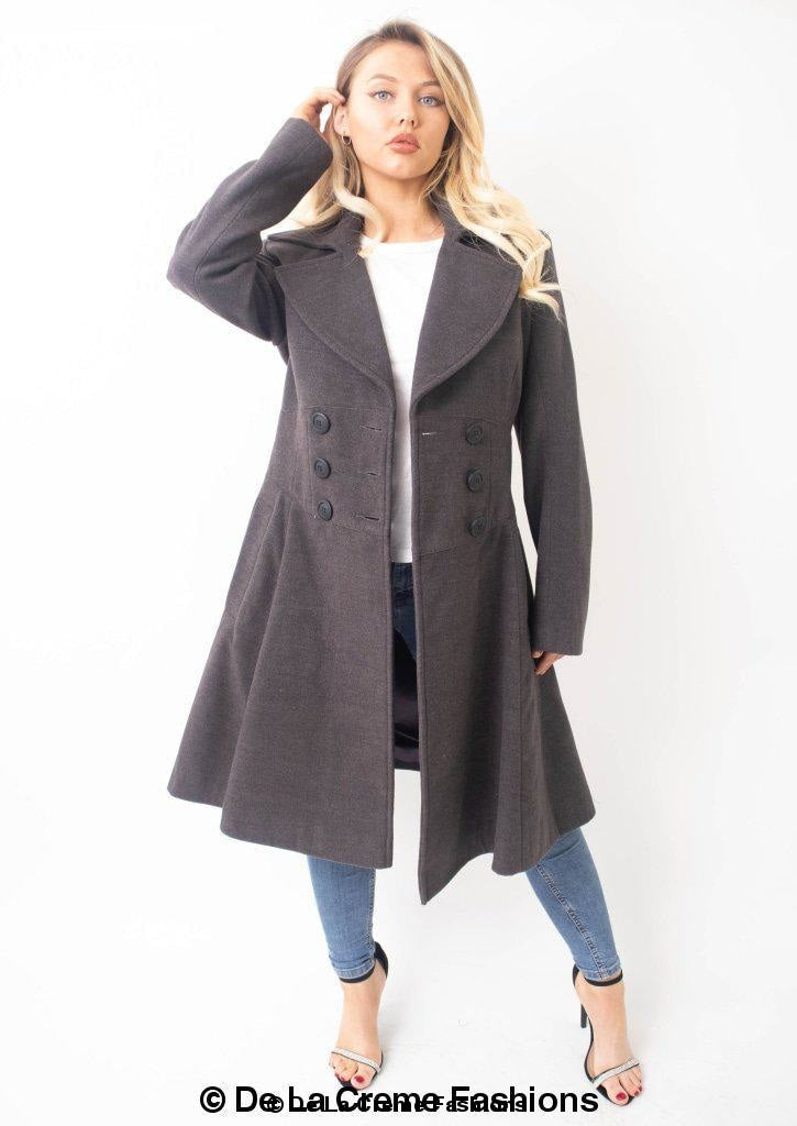 Kirsty Slim Fit A-Line Coat in Black, showcasing double breasted fastening and roll collared V-neckline.