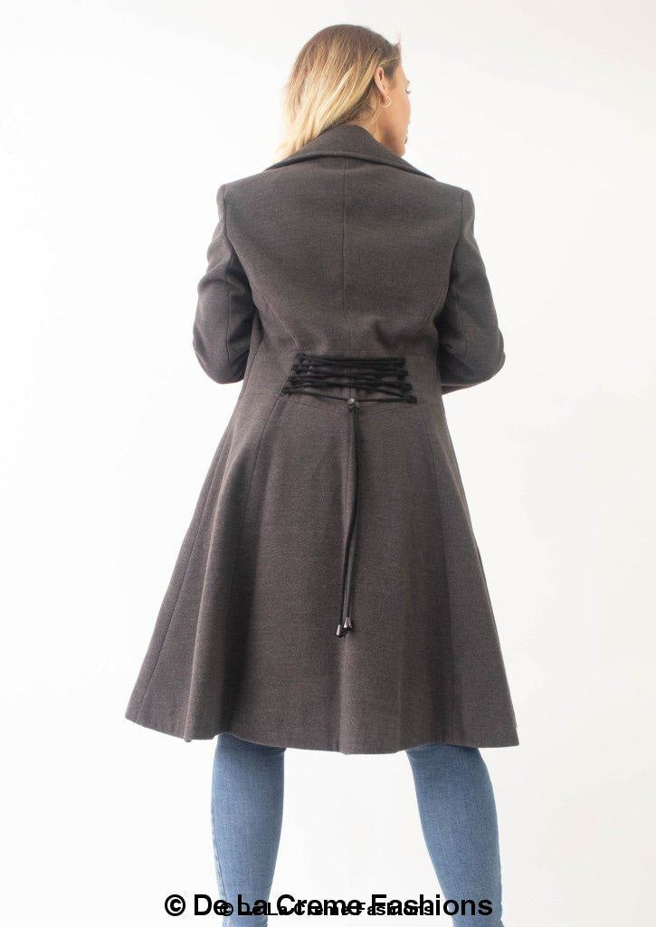 Kirsty Slim Fit A-Line Coat in Black, showcasing double breasted fastening and roll collared V-neckline.