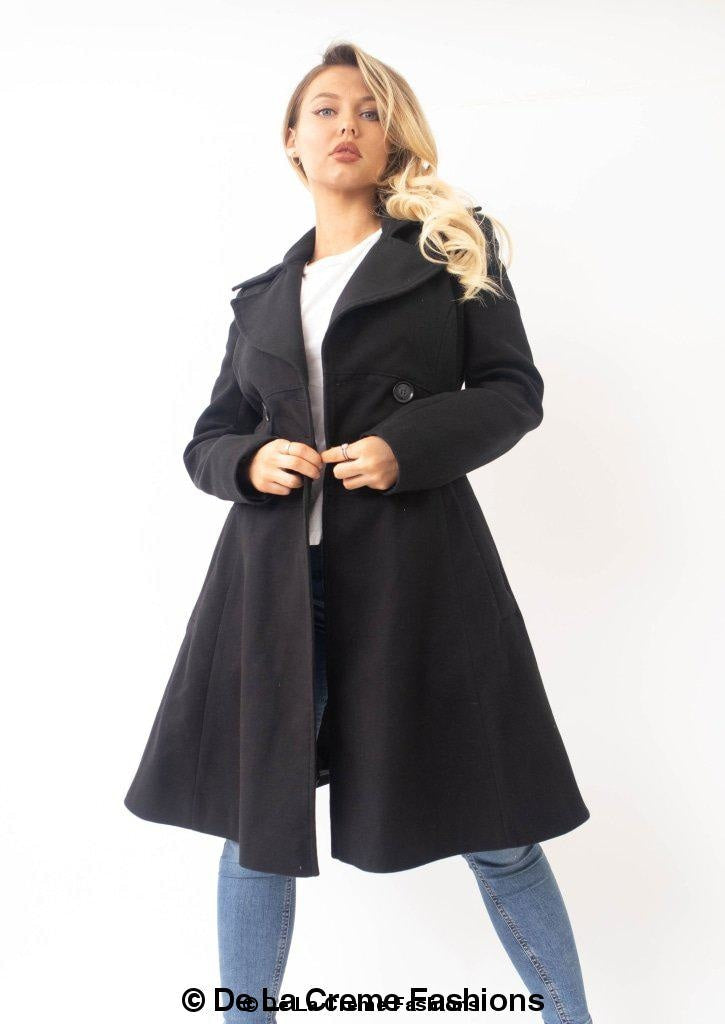 Kirsty Slim Fit A-Line Coat in Black, showcasing double breasted fastening and roll collared V-neckline.