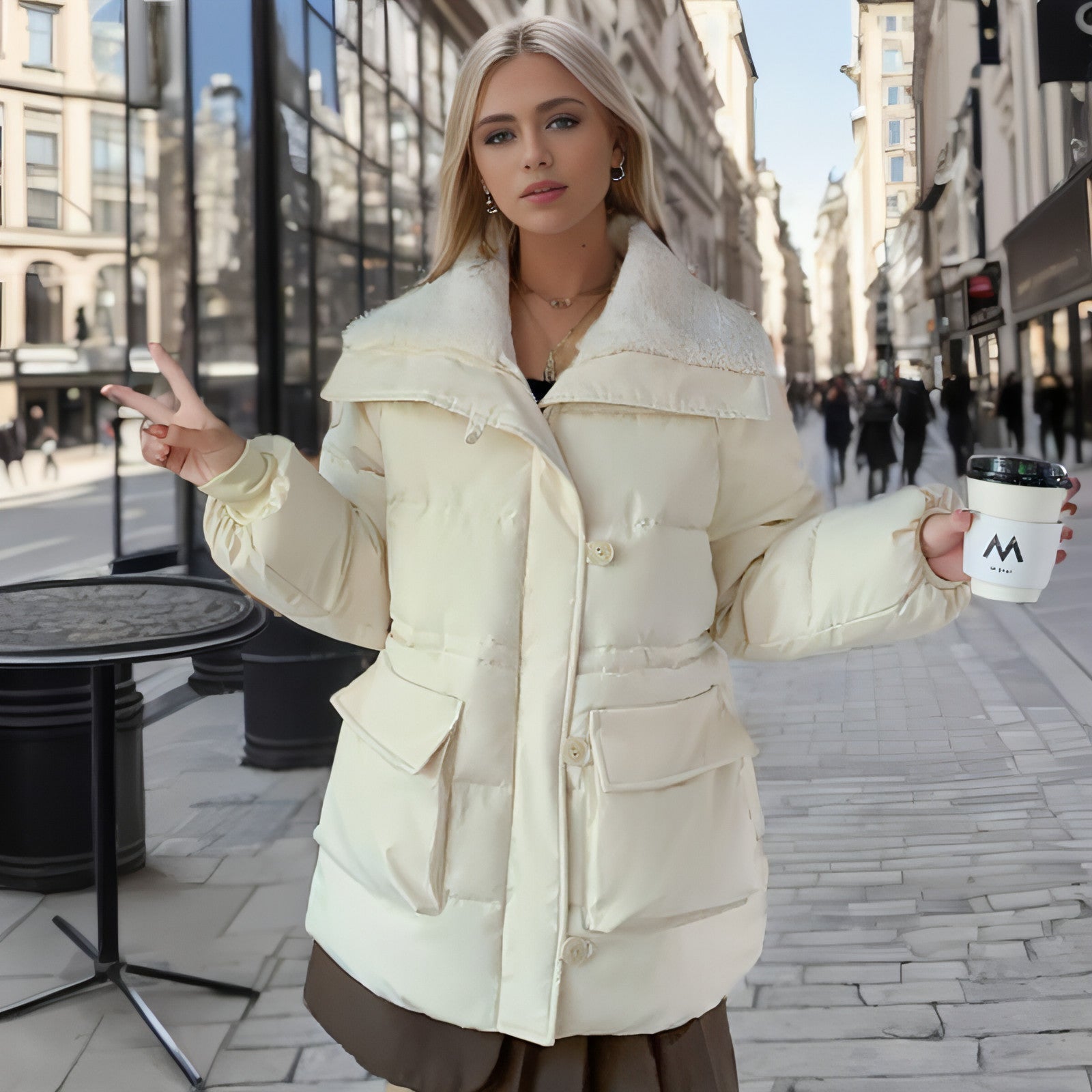 A stylish Large Lapel Down Jacket for Women featuring an oversized lapel, premium down filling, and multiple pockets, perfect for cold weather.