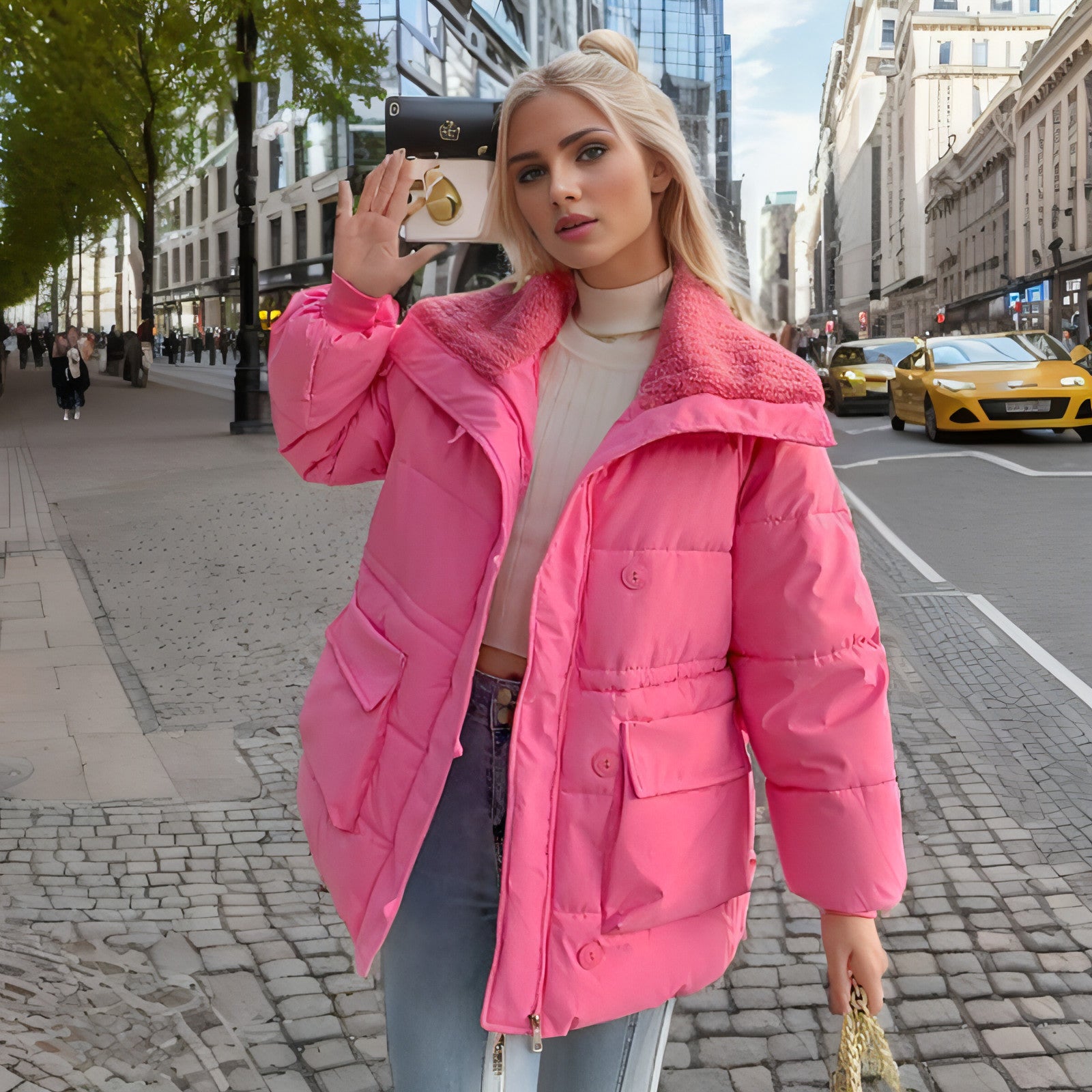 A stylish Large Lapel Down Jacket for Women featuring an oversized lapel, premium down filling, and multiple pockets, perfect for cold weather.