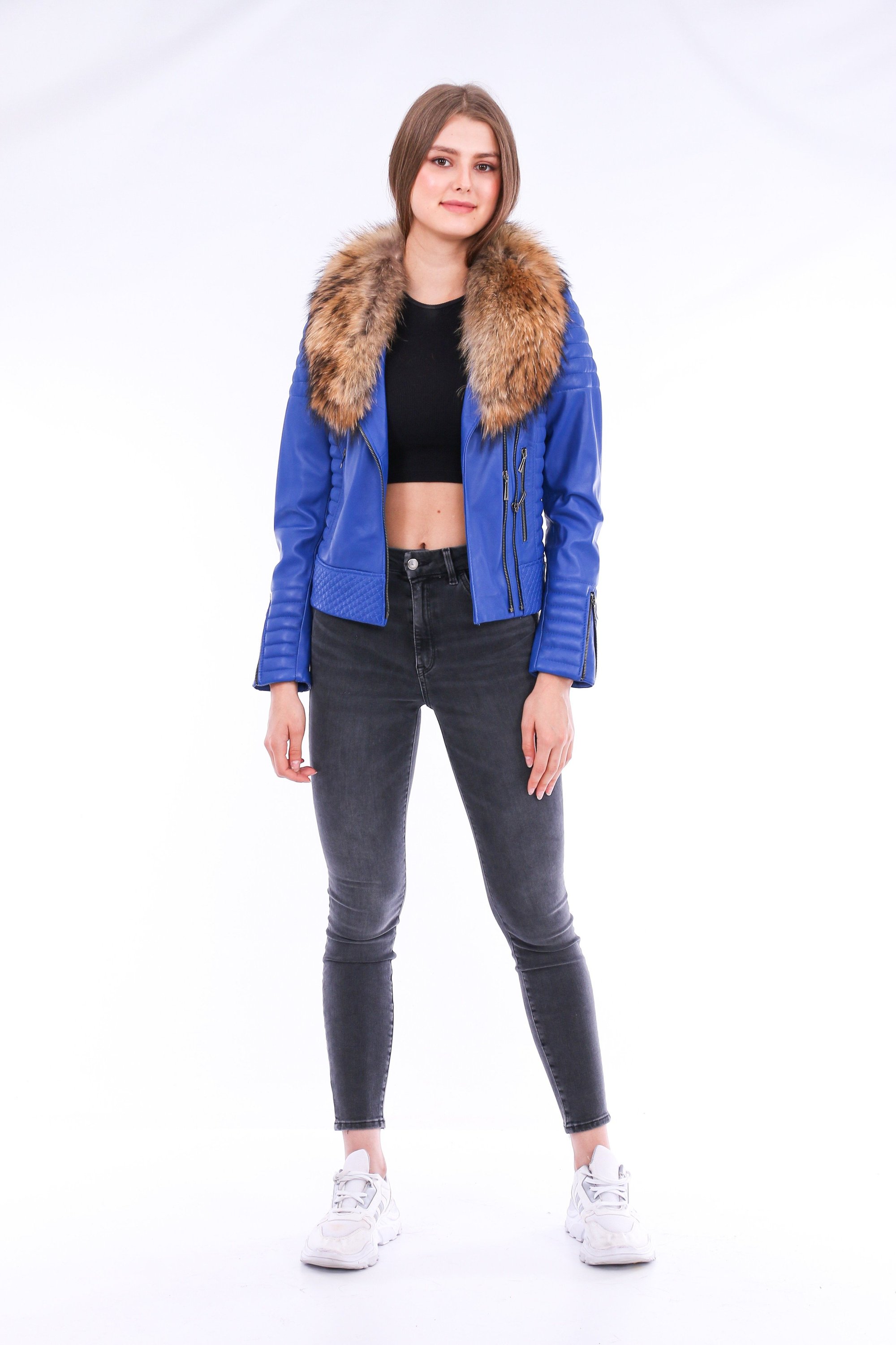 Milani Quilted Leather Biker Jacket in blue with detachable fur collar and zipper pockets, showcasing premium soft leather.