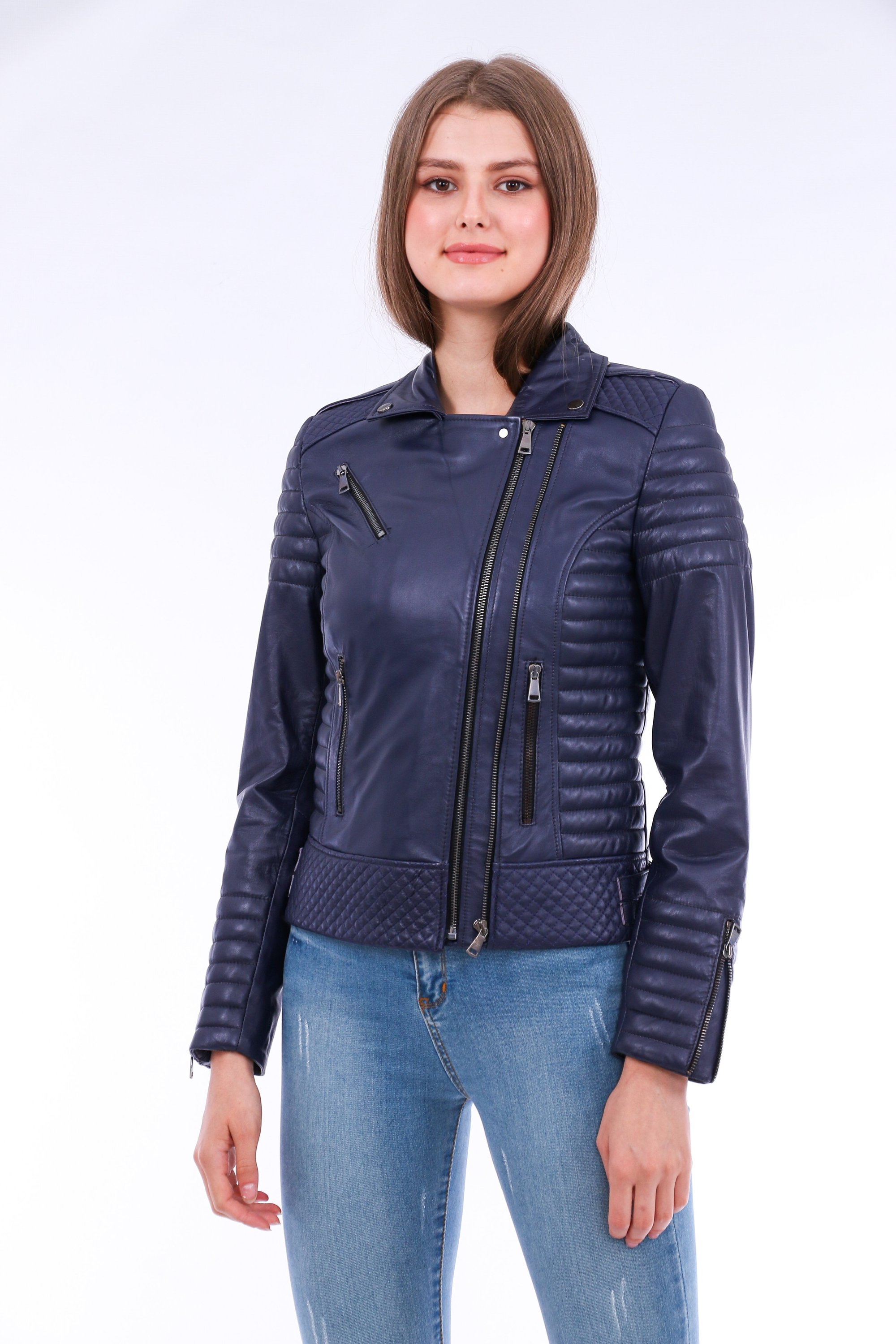 Milani Quilted Leather Biker Jacket in Navy Blue featuring a detachable fur collar and zipper pockets, showcasing premium soft leather.