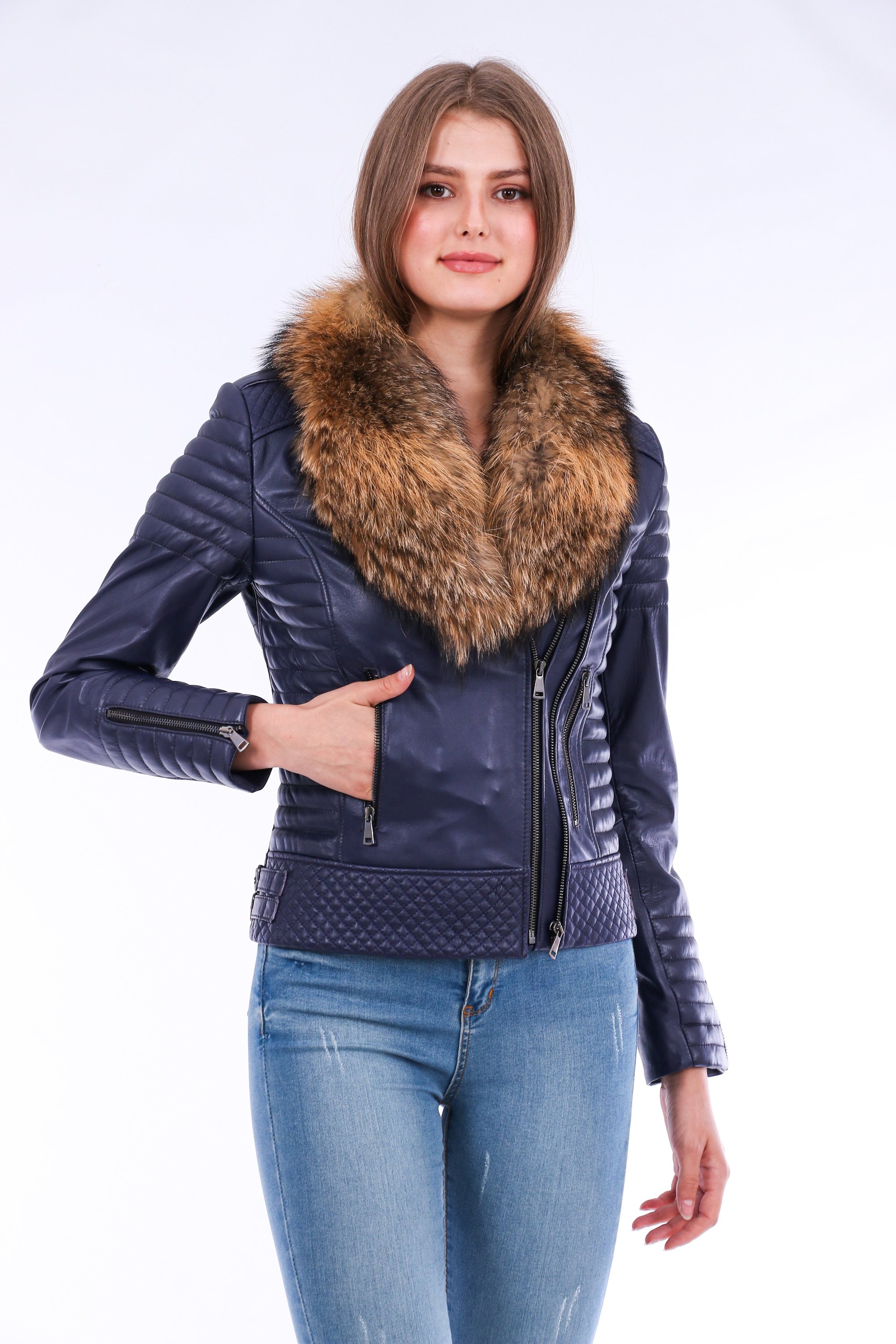 Milani Quilted Leather Biker Jacket in Navy Blue featuring a detachable fur collar and zipper pockets, showcasing premium soft leather.