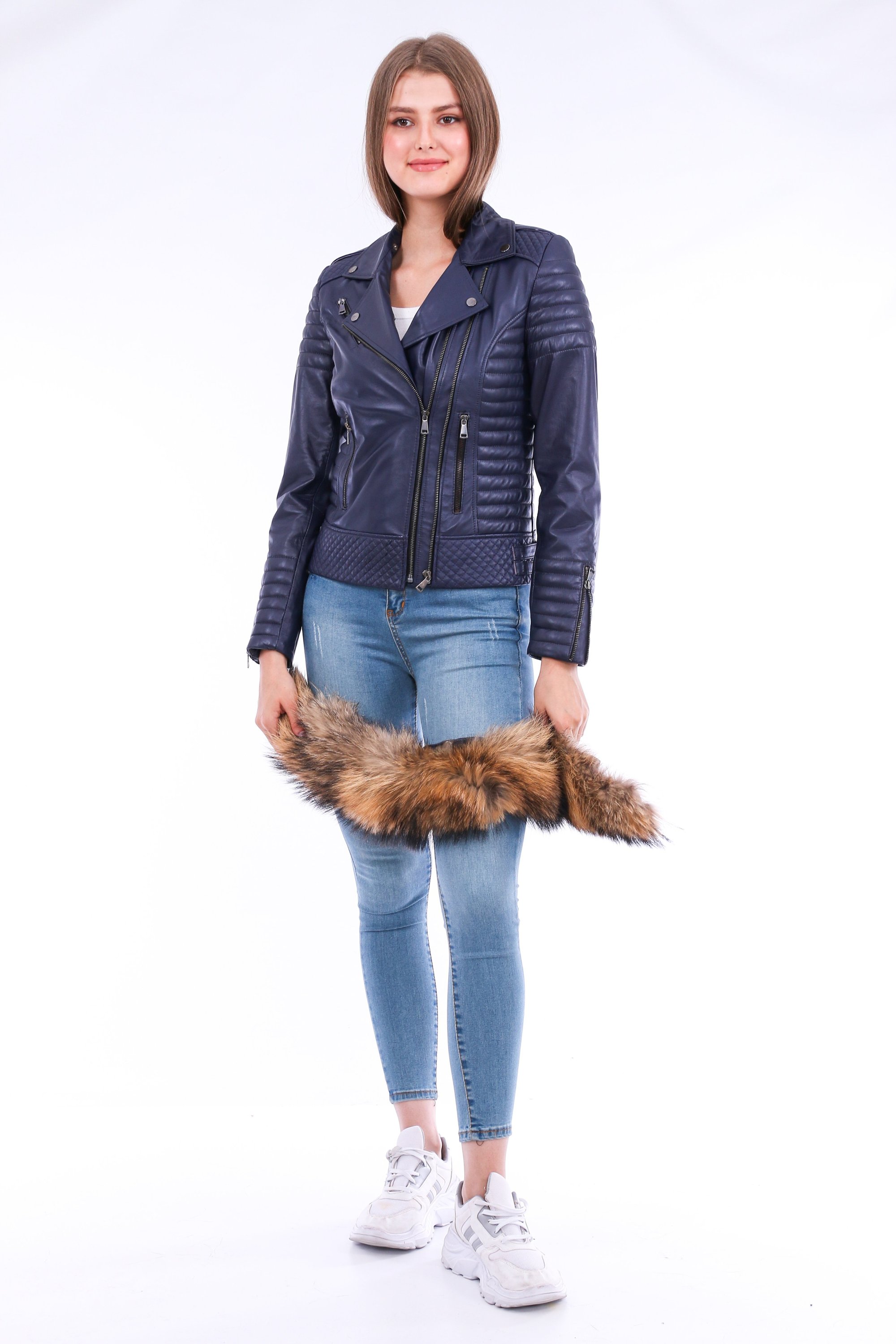 Milani Quilted Leather Biker Jacket in Navy Blue featuring a detachable fur collar and zipper pockets, showcasing premium soft leather.