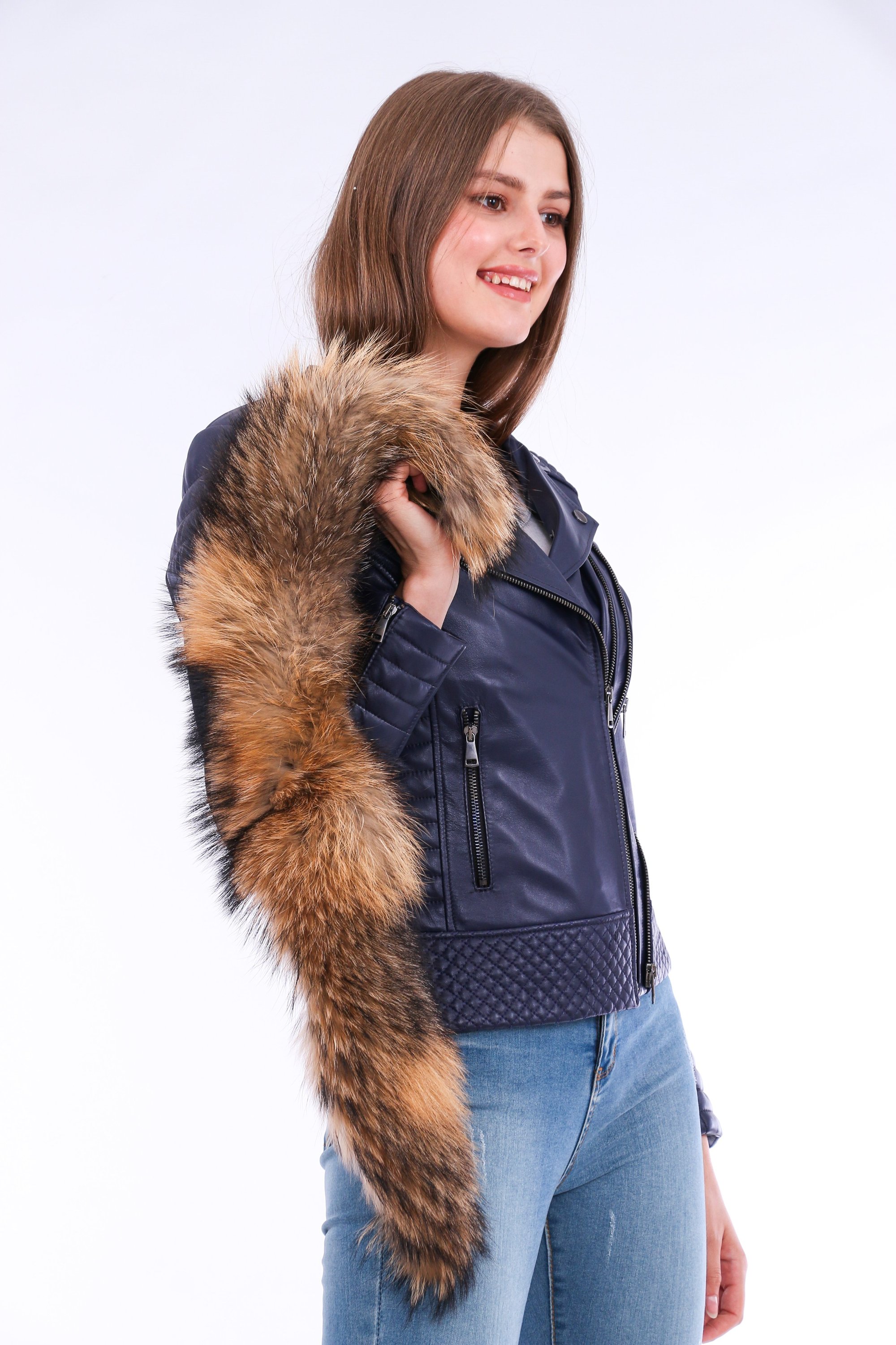 Milani Quilted Leather Biker Jacket in Navy Blue featuring a detachable fur collar and zipper pockets, showcasing premium soft leather.