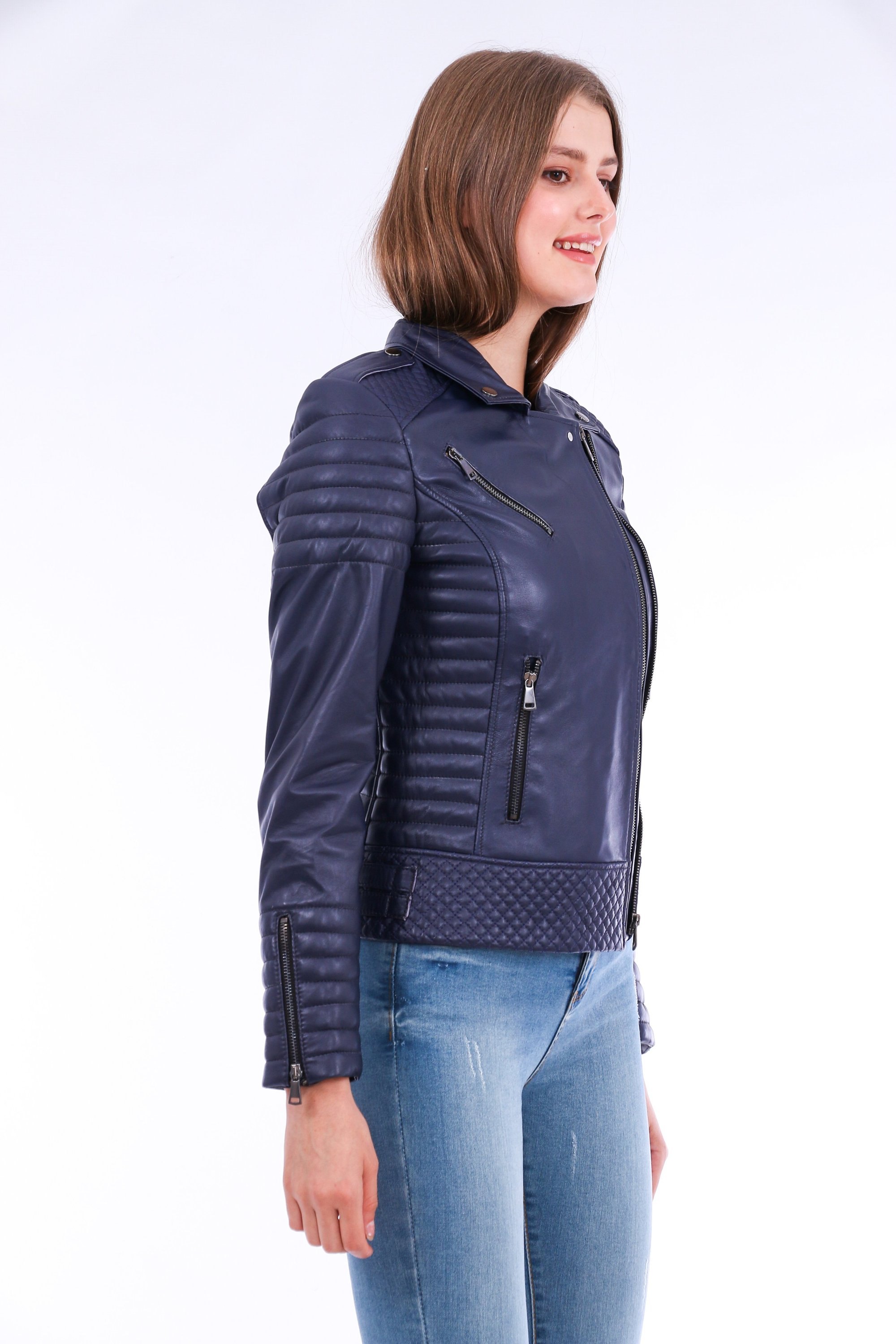 Milani Quilted Leather Biker Jacket in Navy Blue featuring a detachable fur collar and zipper pockets, showcasing premium soft leather.