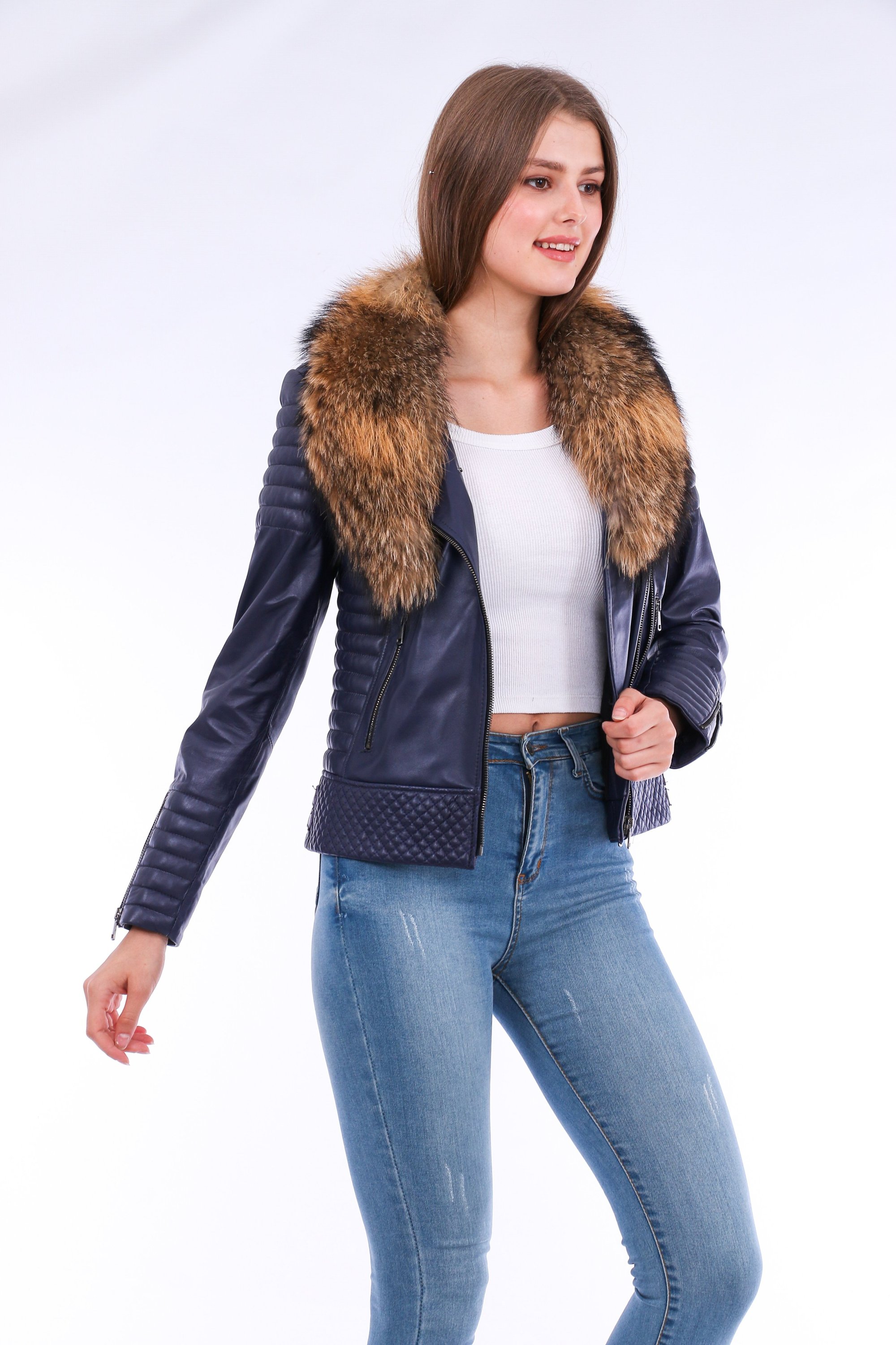 Milani Quilted Leather Biker Jacket in Navy Blue featuring a detachable fur collar and zipper pockets, showcasing premium soft leather.