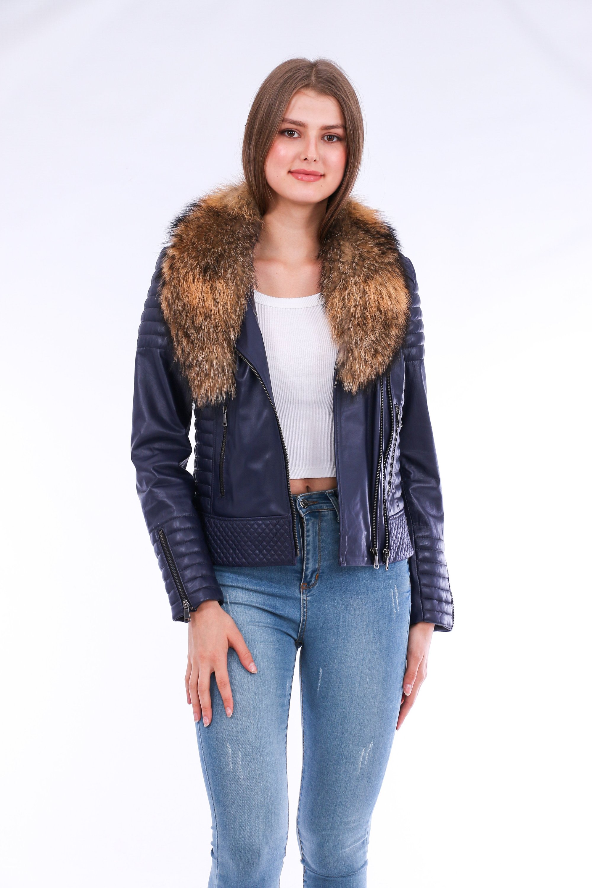 Milani Quilted Leather Biker Jacket in Navy Blue featuring a detachable fur collar and zipper pockets, showcasing premium soft leather.