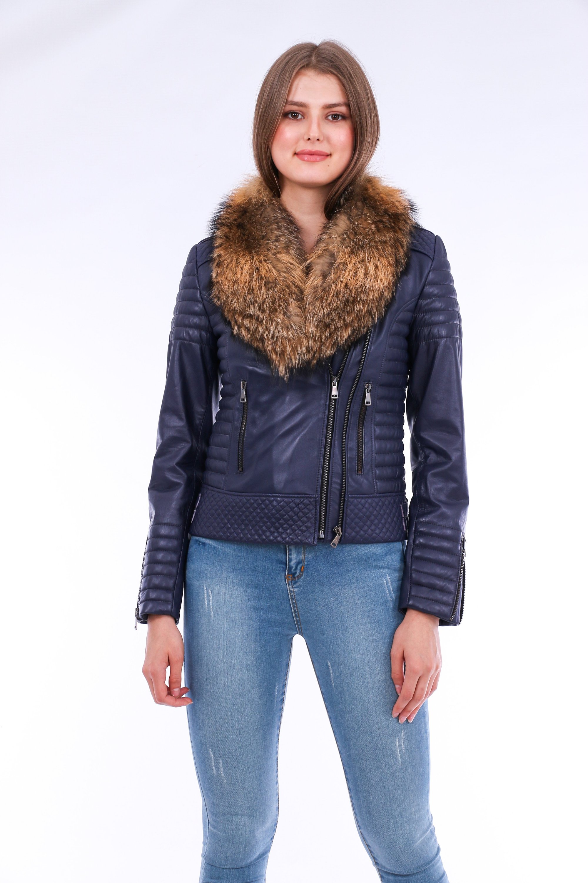 Milani Quilted Leather Biker Jacket in Navy Blue featuring a detachable fur collar and zipper pockets, showcasing premium soft leather.