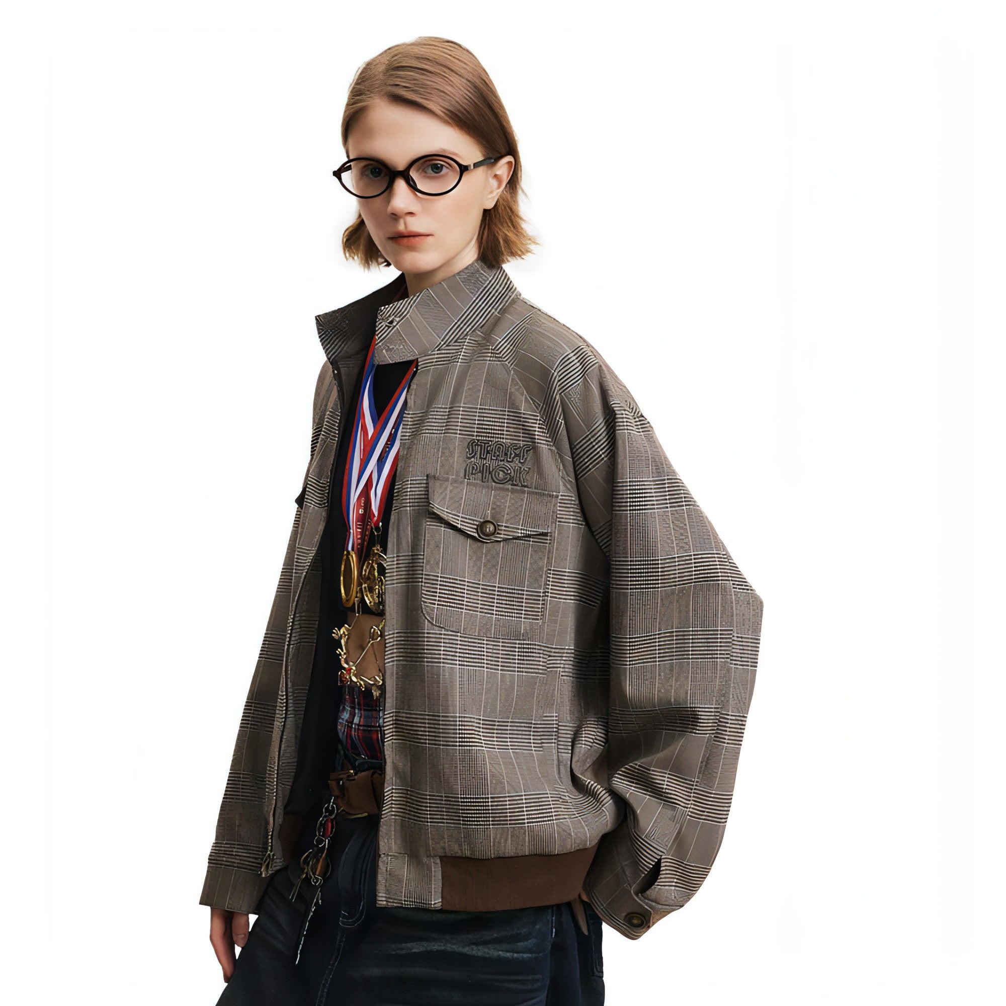 Main Plaid Loose-fitting Stand-up Collar Jacket Men And Women image