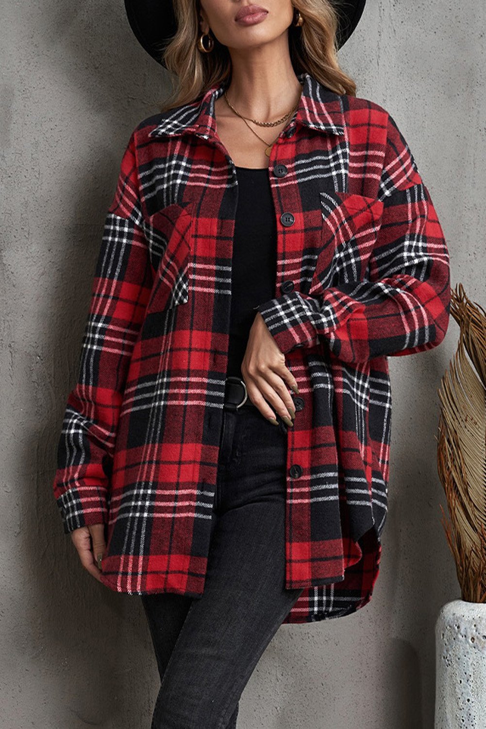 Red Grid Boyfriend Shacket featuring a plaid pattern, turn-down collar, and full sleeves, perfect for winter layering.