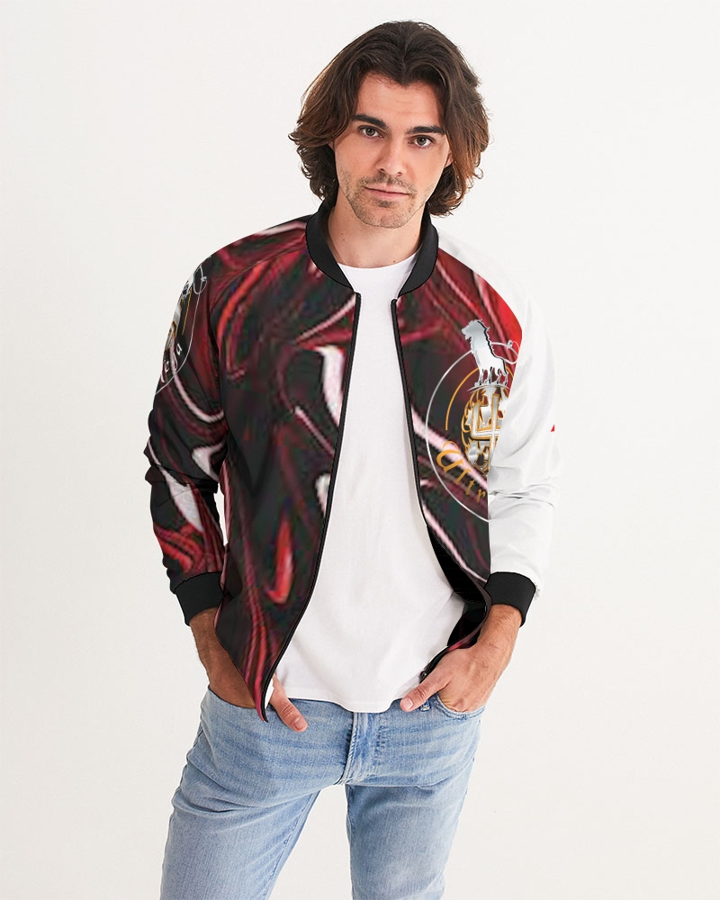 UltraMega Red Marble 7 Mens Bomber jacket featuring a unique red marble pattern, designed for style and comfort.