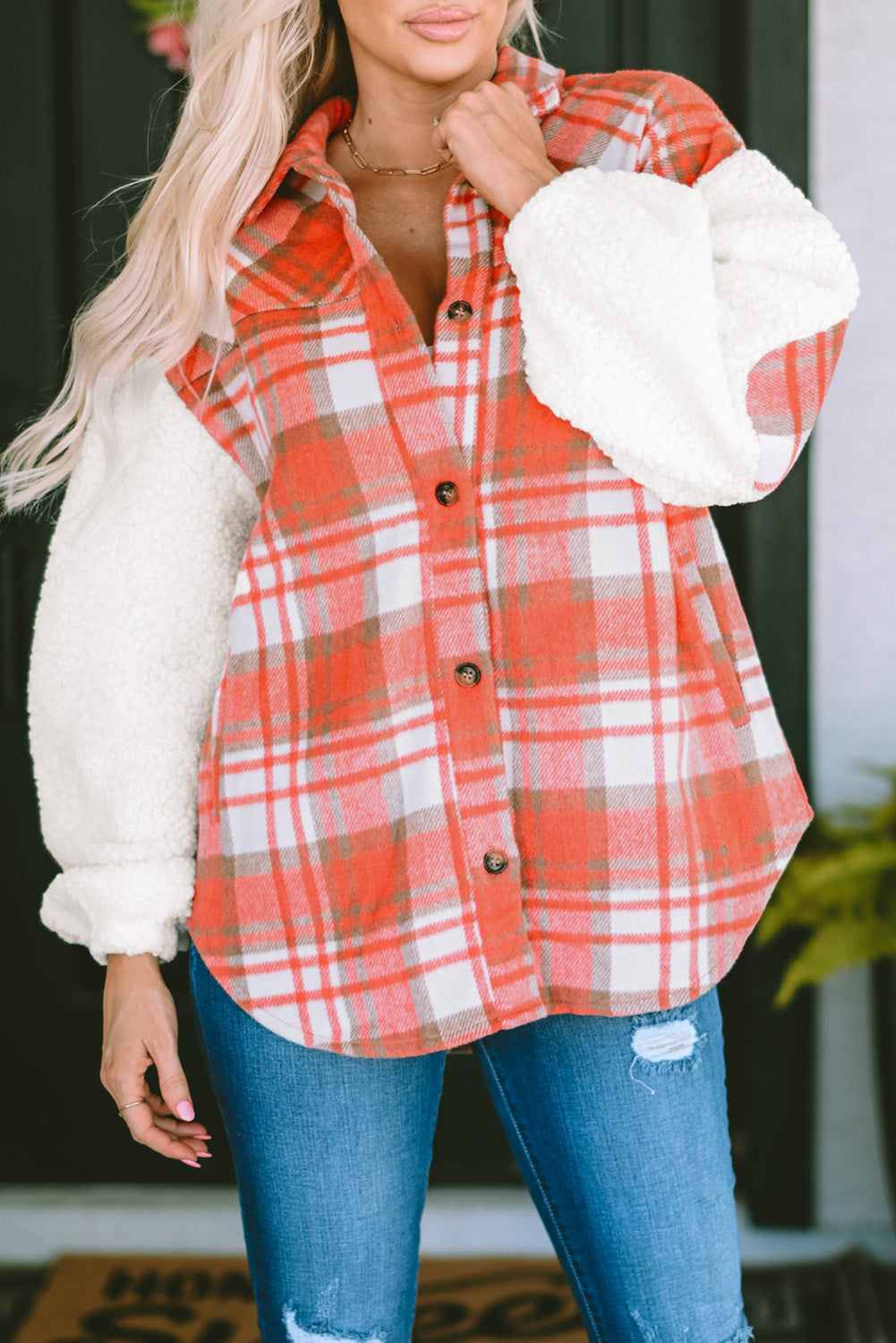 Sherpa Sleeve Plaid Print Shacket featuring cozy sherpa sleeves and a stylish plaid design, perfect for layering.