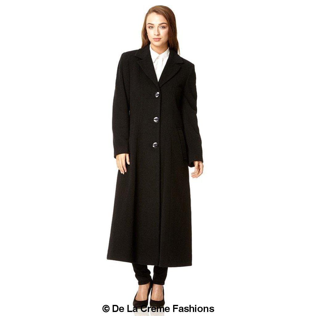 A stylish women's single breasted long winter coat in black, showcasing its elegant design and warm fabric.