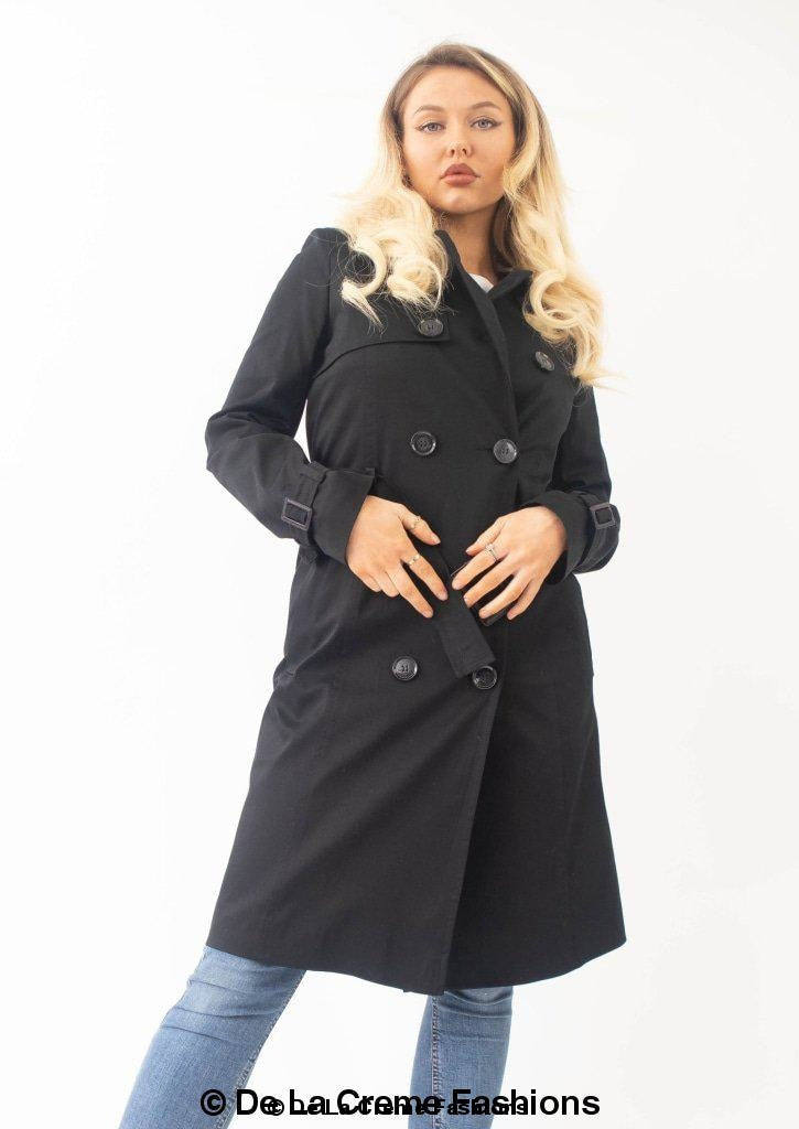 A stylish Slim Fit Lightweight Trench Coat in black, featuring double-breasted fastening and two side pockets, perfect for layering.