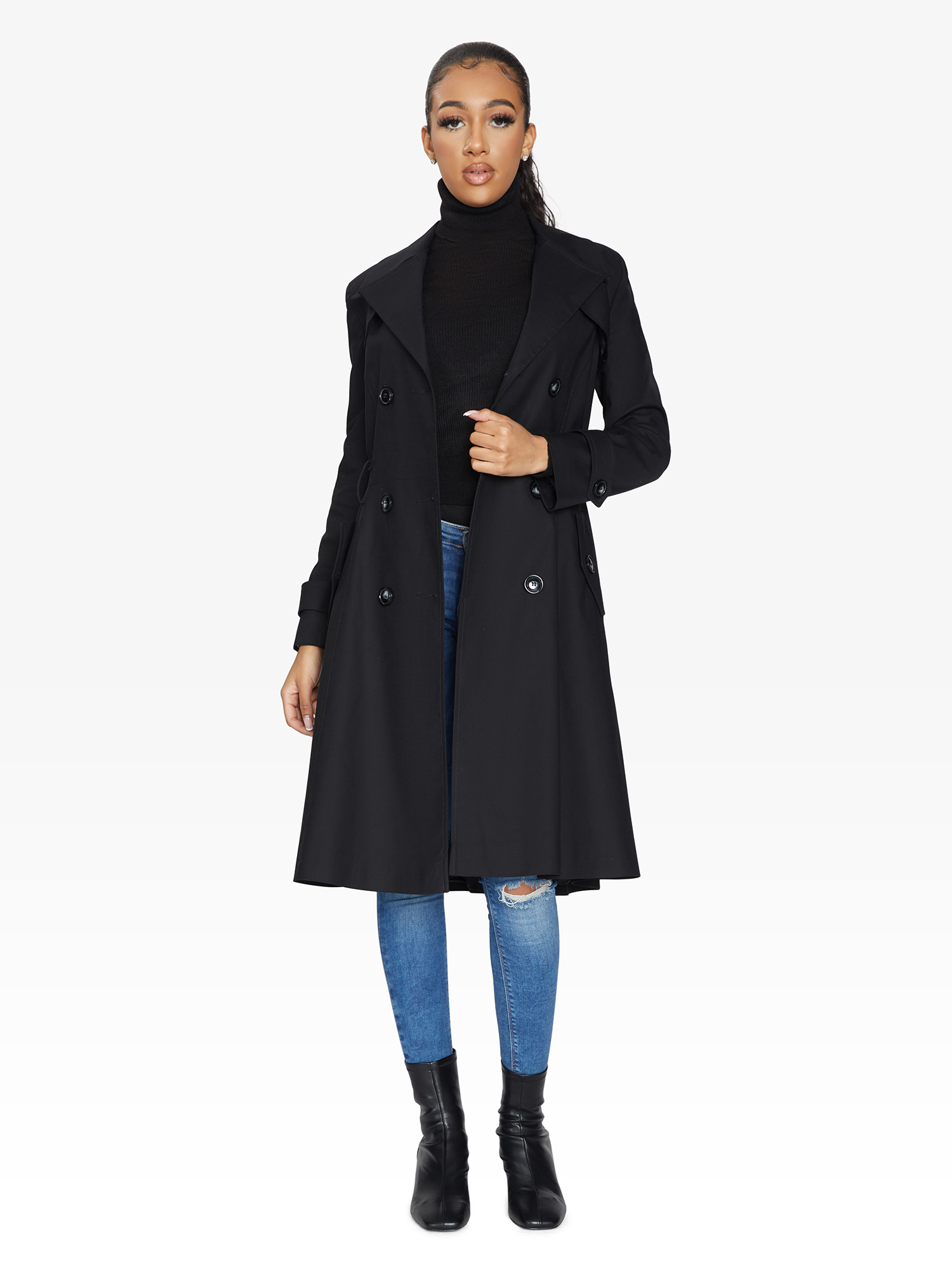 A stylish Spring/Summer Double Breasted Trench Mac Coat in a classic design, featuring a waist belt and side pockets, perfect for women's fashion.