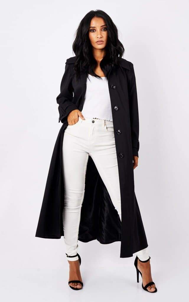 A stylish women's longline mac coat in various colors, featuring a single breasted fastening and fully lined interior, perfect for spring and summer.